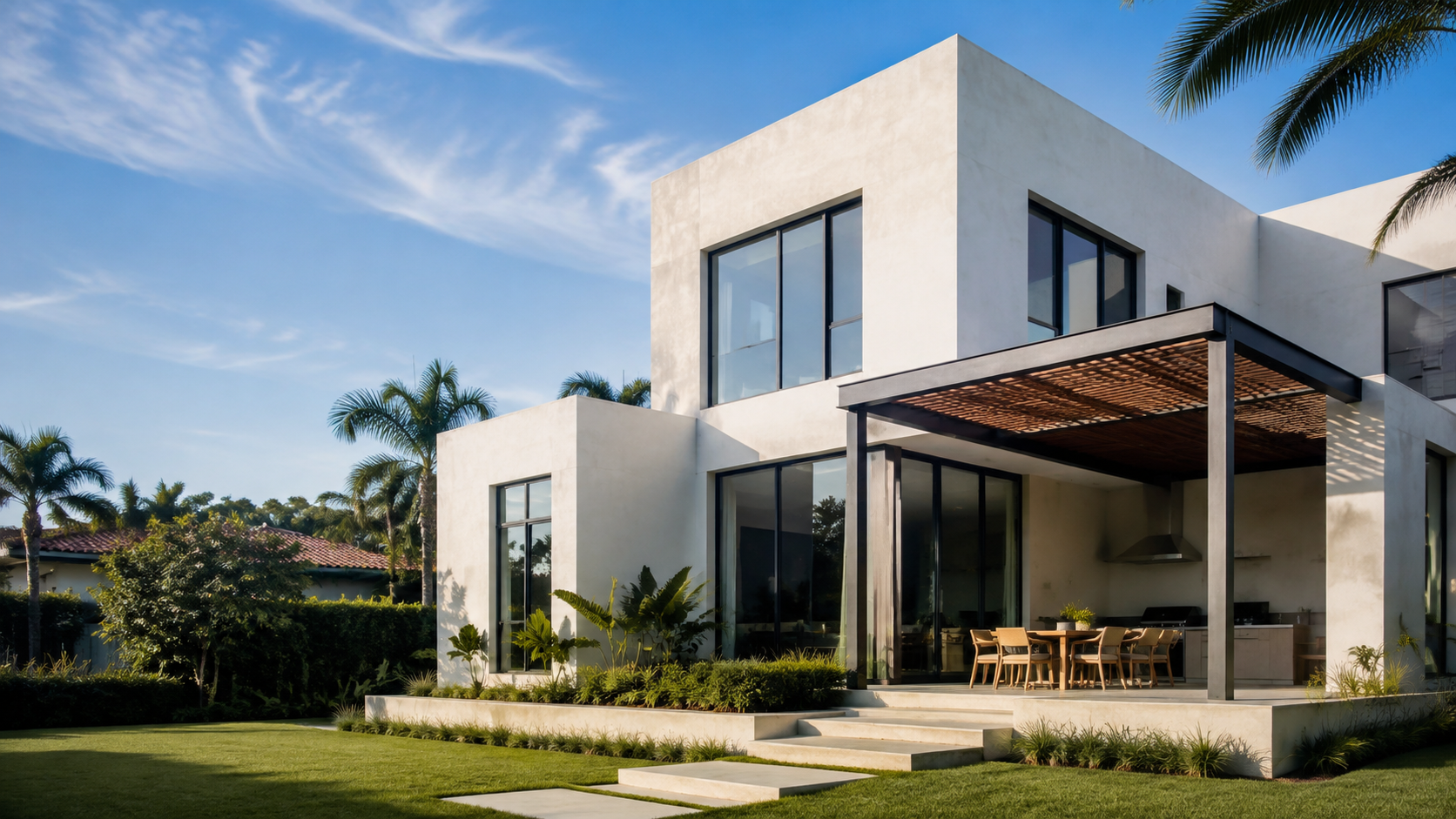 Casa contemporánea en Miami con ventanas de impacto y pérgola