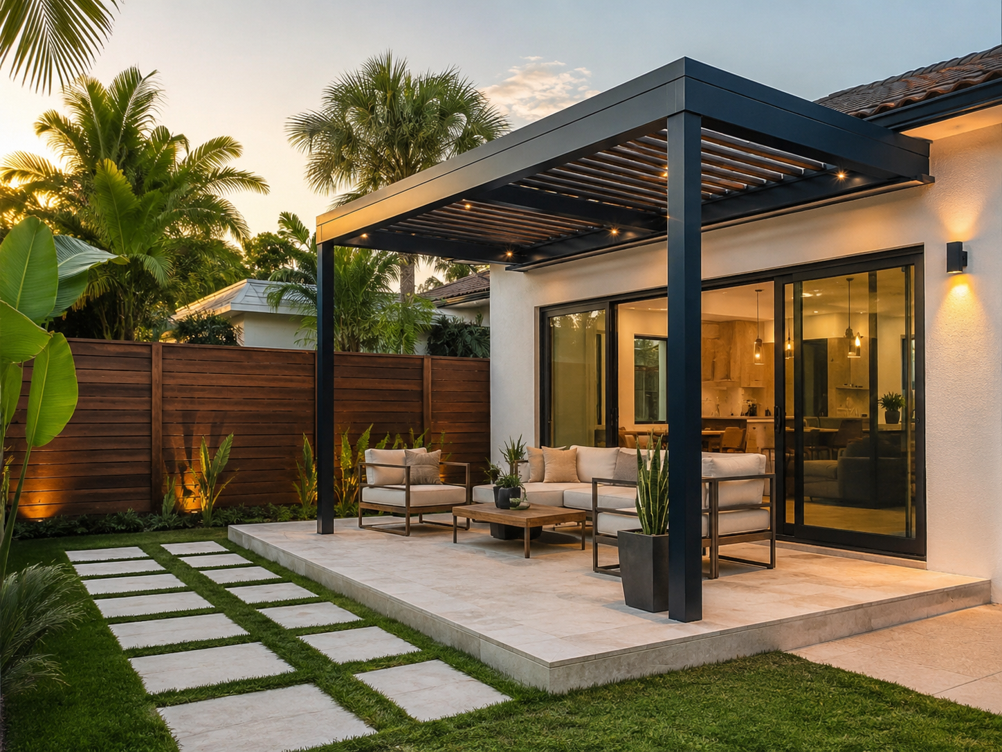Pérgola moderna y patio residencial en Miami